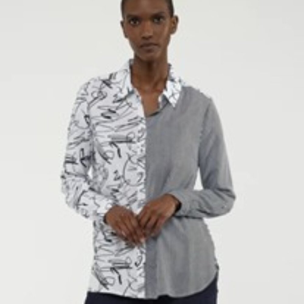 Marie Claire mix print blk& wht long sleeve blouse top semi fitted sz xl